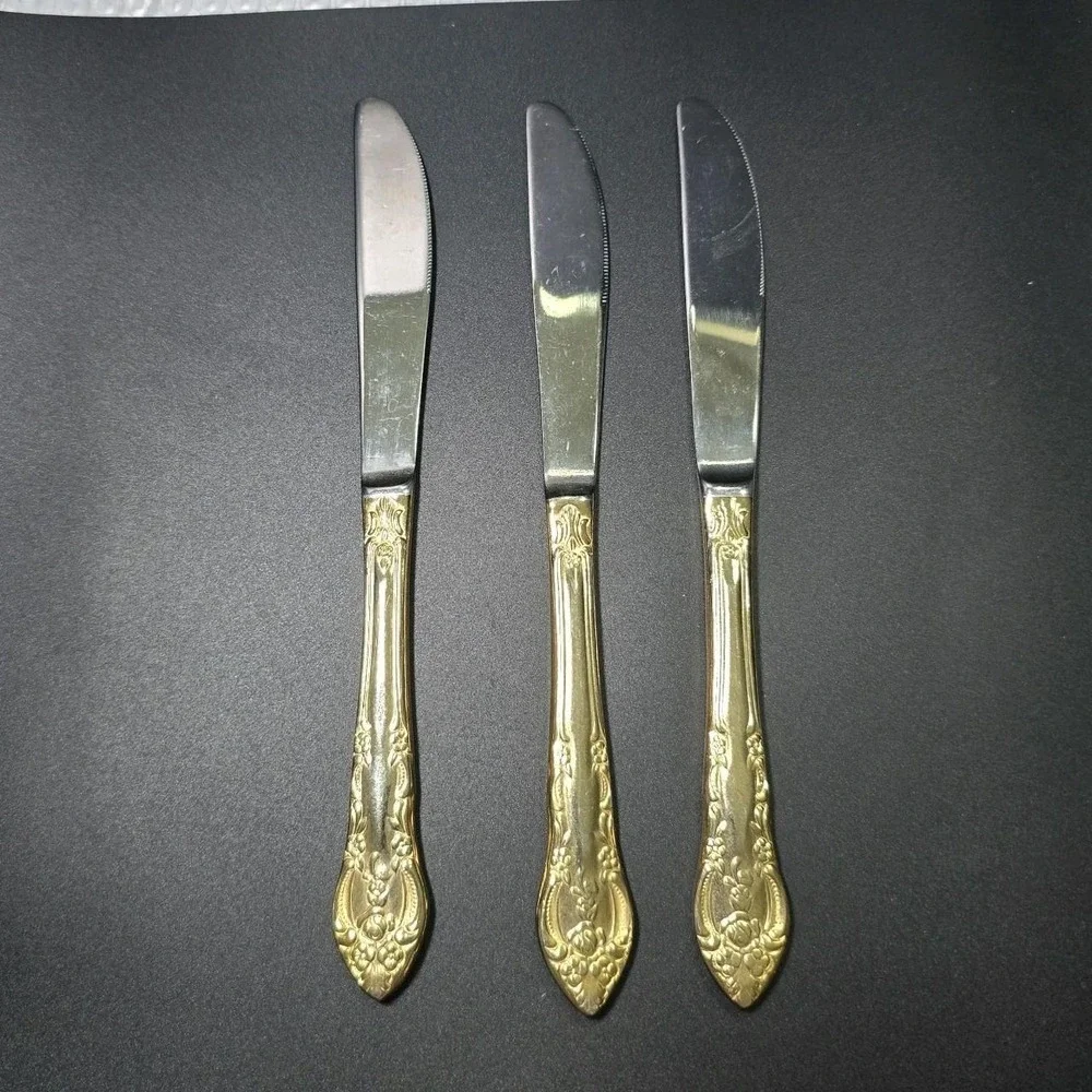 Vintage Hanford Forge LTD Gold Plated Stainless Steel Dinner Knives  Set Of 3